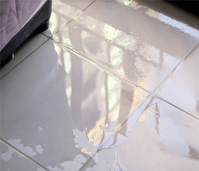 puddles of water on white tile floor